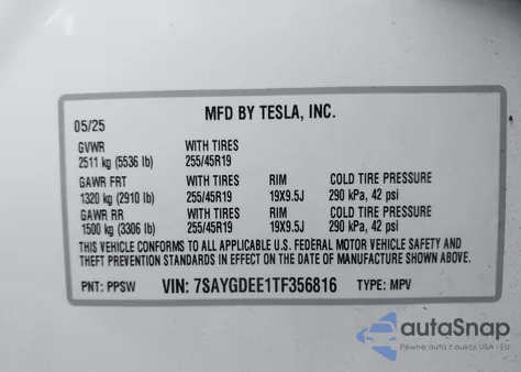 2026 Tesla Model Y Long Range Launch Series/Premium All-Wheel Drive z USA, uszkodzony, nr VIN 7SAYGDEE1TF356816